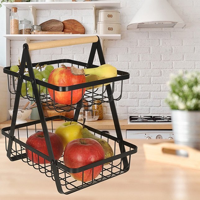 cos de fructe cu doua etaje, pliabil, lemn + metal, culoare neagra 1 Cos de fructe cu doua etaje, pliabil, lemn + metal, culoare neagra