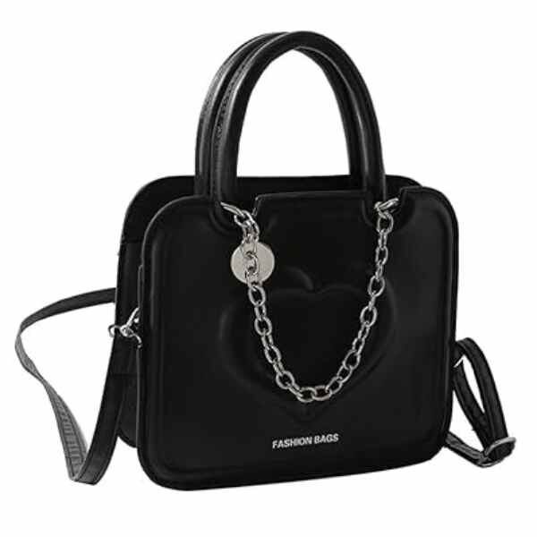 Geanta de Umar cu Lantic, Model cu Inimioara, Piele Ecologica, 19.5 cm x 16.5 cm x 6 cm, Negru