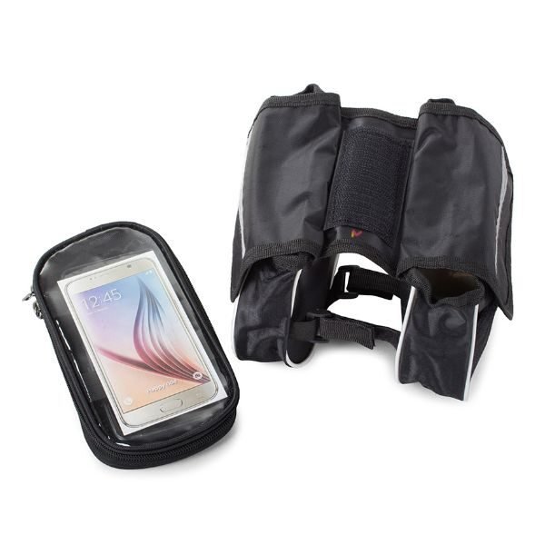 Geanta Depozitare cu 3 Compartimente si 2 Buzunare, Rezistenta la Apa, Montare pe Cadrul Bicicletei, Velcro, Negru