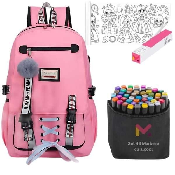 Ghiozdan Mercaton pentru Copii, Impermeabil, Port USB, 30 x 14 x 47 cm, Roz cu Rola Hartie Auto-Adeziva si Decupabila pentru Desenat, 3 m x 30 cm, Model Printese si 48 Markere Colorate