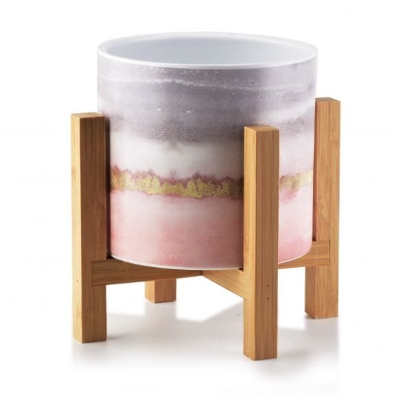 Ghiveci ceramic pentru flori Luxury cu suport din lemn, Ø 12,5, Inaltime 16.5 cm, Gri