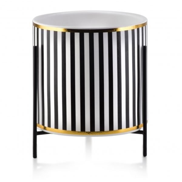 Ghiveci ceramic pentru flori Luxury cu suport metalic, Ø 12,5, Inaltime 12 cm, Alb cu Negru, Model cu Dungi Verticale