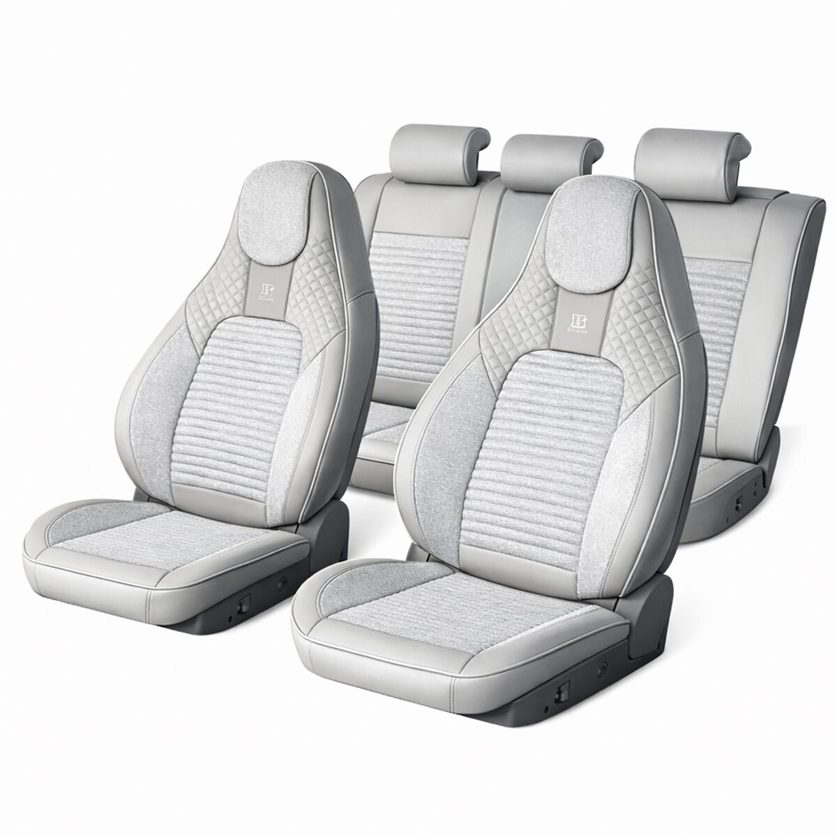 Set huse scaune auto Premium, model BLAZE Luxor, design Sportiv,  universale, ergonomice, Piele Ecologica cu insertii textile, culoare Crem/Gri