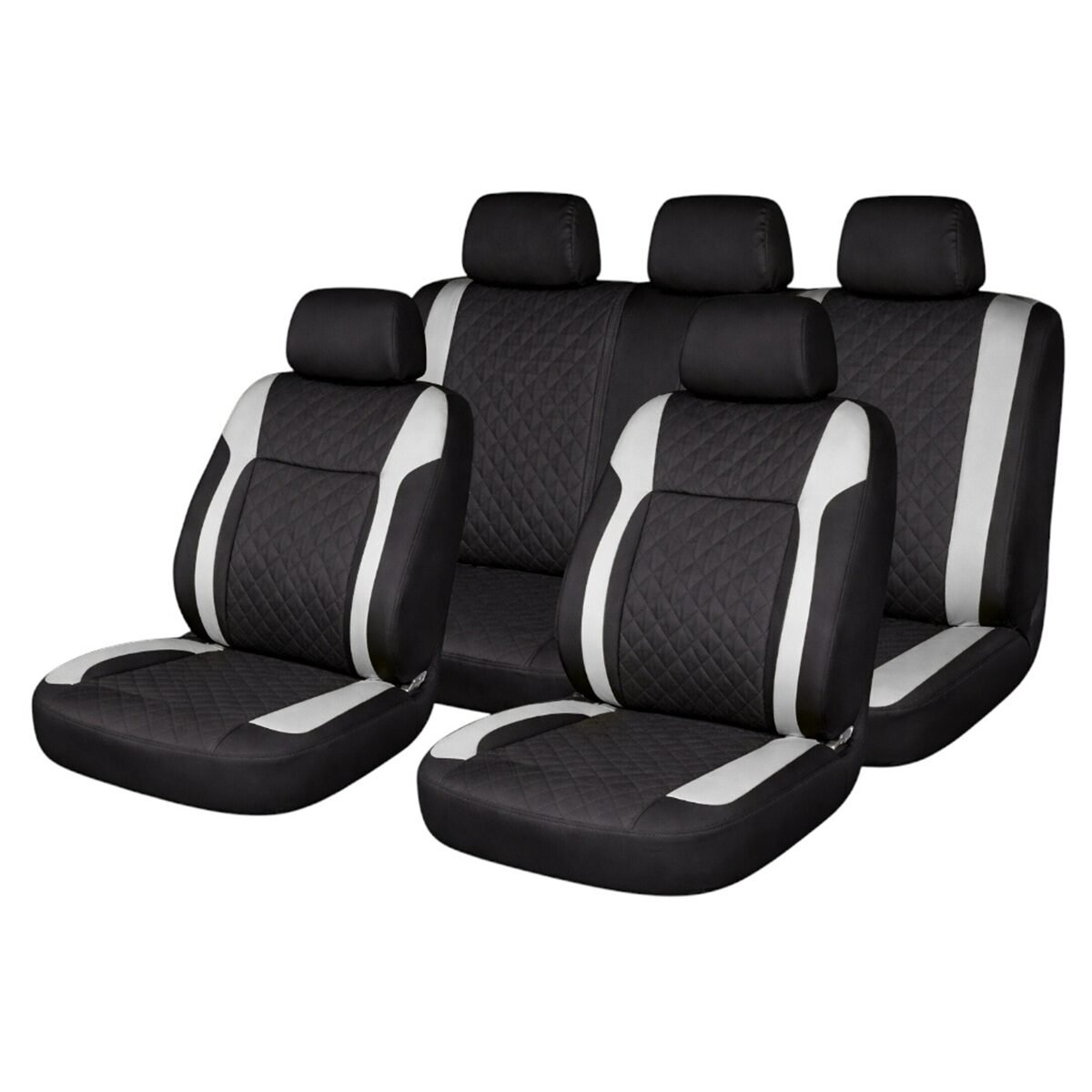 Set huse scaune auto Premium, model DIAMOND Core, design Sportiv,  universale, ergonomice, Piele Ecologica Matlasata, culoare Negru/Gri