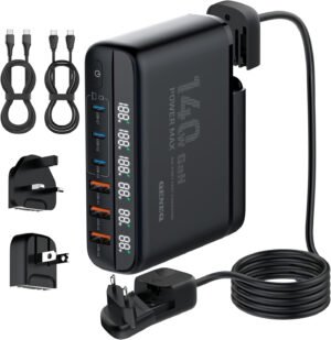 Incarcator Retea 140W GaN LINDO A6140C, Incarcare rapida, 3xUSB-A, 3XUSB-C, Compatibil EU UK US QC5.0 PPS PD pentru, MacBook, iPad, iPhone 16 15