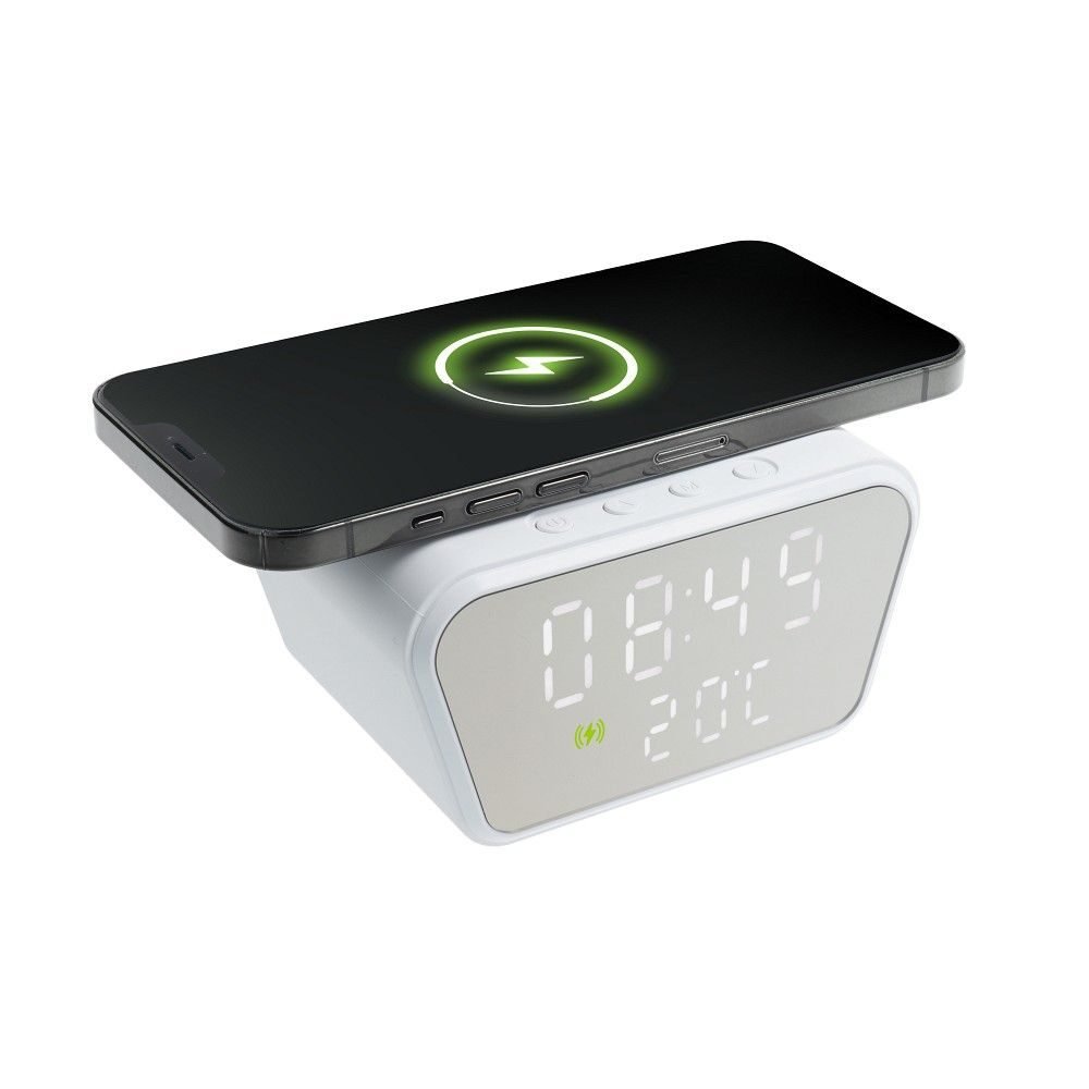 Incarcator Wireless,  Fast Charging 15W cu Ceas Digital si Termometru incorporat, 11 x 8 x 6.5 cm, Alb