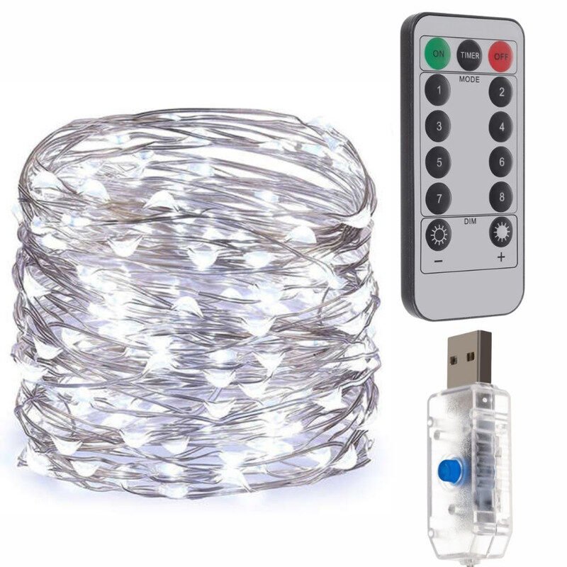 Instalatie luminoasa de Craciun cu Telecomanda si Temporizator, 300 LED-uri, Alimentare USB, 8 Moduri de Iluminare, Rezistenta la umezeala, 30 m , Alb Rece