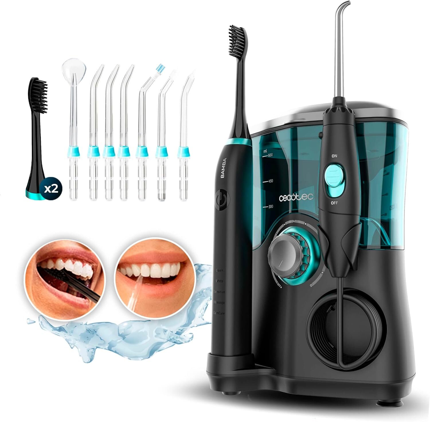 Set Irigator bucal si Perie de dinti Electrica Cecotec ToothCare Jet Clean, 7 capete, 600ml, 10 niveluri, 5 moduri