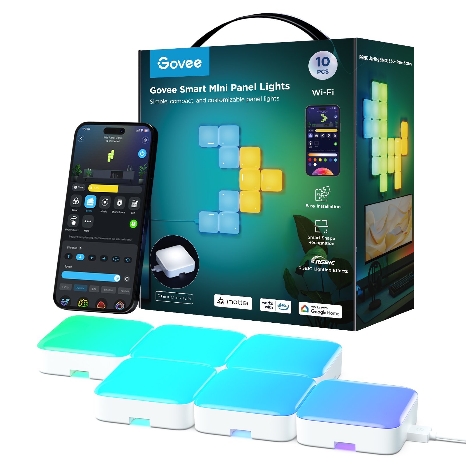 kit panouri mici luminoase led govee h8069, rgbic, wi-fi + bluetooth, 10 panouri, alexa , google asistant, matter 1 Kit panouri mici luminoase LED Govee H8069, RGBIC, Wi-Fi + Bluetooth, 10 panouri, Alexa , Google Asistant, Matter