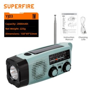 Lanterna LED Multifunctionala cu radio Superfire YJ03, incarcare solara sau manuala (dinam), power bank, 100lm, 2000mAh, incarcare usb-c