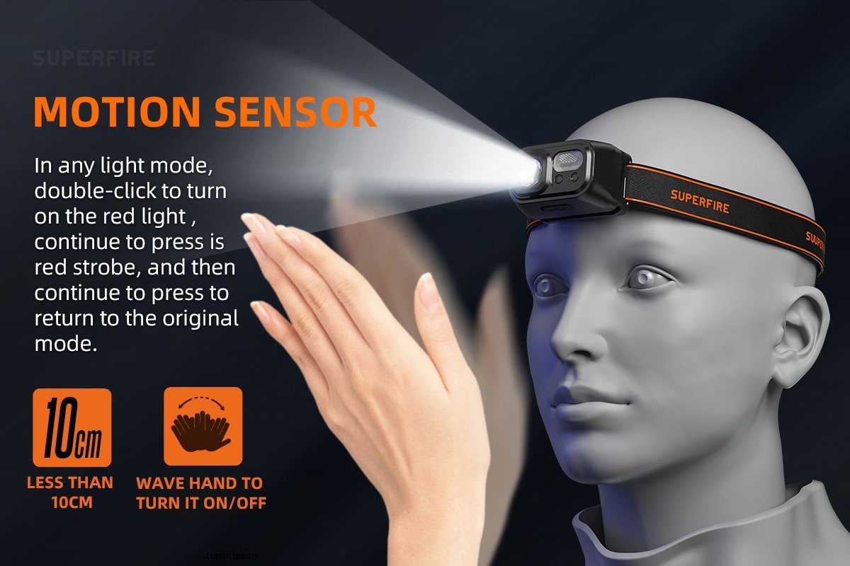 lanterna led pentru cap superfire hl23-a, 220lm, 120m, 1600mah, lumina rosie, incarcare usb-c, control miscare 2 Lanterna LED pentru cap Superfire HL23-A, 220lm, 120m, 1600mAh, Lumina rosie, incarcare USB-C, control miscare - imagine 2