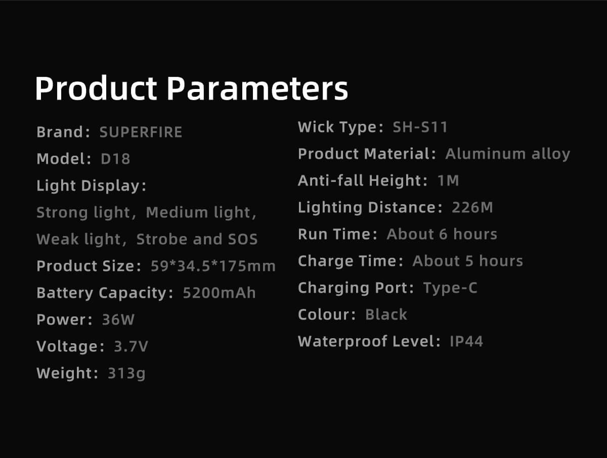 lanterna led superfire d18, 2000lm, 226m, 5200mah, incarcare usb-c, 36w 5 Lanterna LED Superfire D18, 2000lm, 226M, 5200mAh, incarcare USB-C, 36W - imagine 5