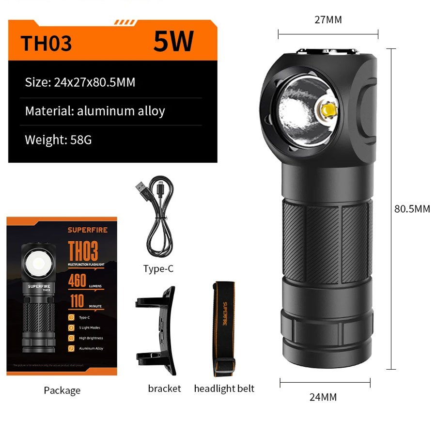 lanterna multifunctionala led superfire th03, usb, 460lm, 104m, incarcare usb-c, suport cap, prindere magnetica 2 Lanterna Multifunctionala LED Superfire TH03, USB, 460lm, 104m, incarcare USB-C, suport cap, prindere magnetica - imagine 2