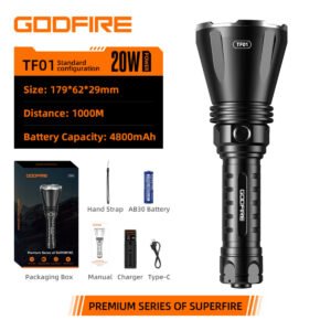 Lanterna tactica LED Godfire TF01, 1000m, 1371lm, aliaj aluminiu, 4800mAh, 245g, 5 moduri