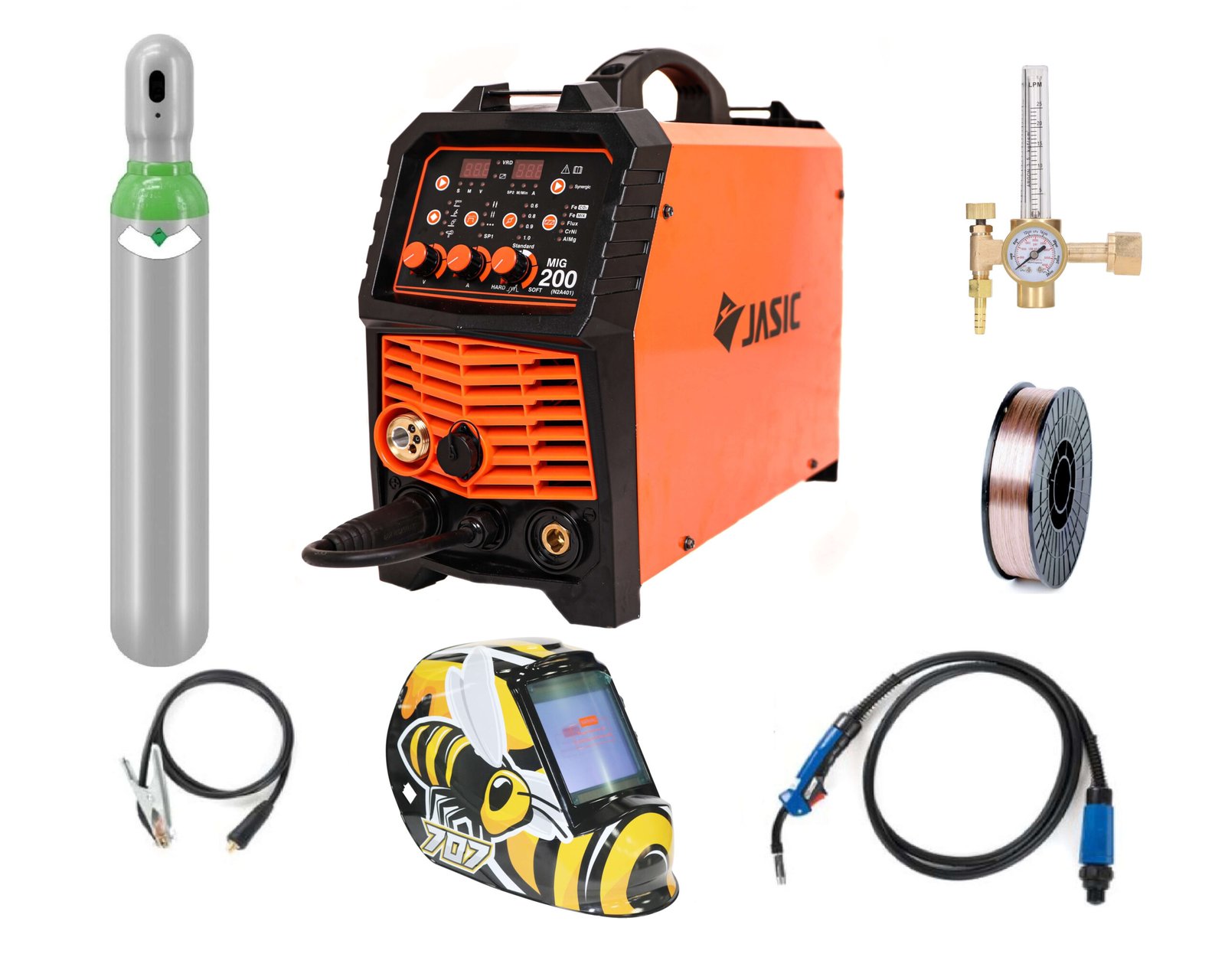 Pachet complet sudura MIG/MAG: MIG 200 – N2A401 Jasic, Butelie corgon 8l (plina), masca sudura BUMBLE BEE, rola otel 5kg – 0.8mm