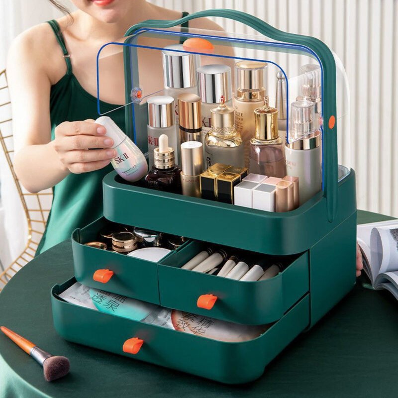 Organizator pentru cosmetice si MakeUP cu sertare si capac rabatabil transparent, Rezistent la apa, Plastic, Verde, 29.8 x 39.5 cm