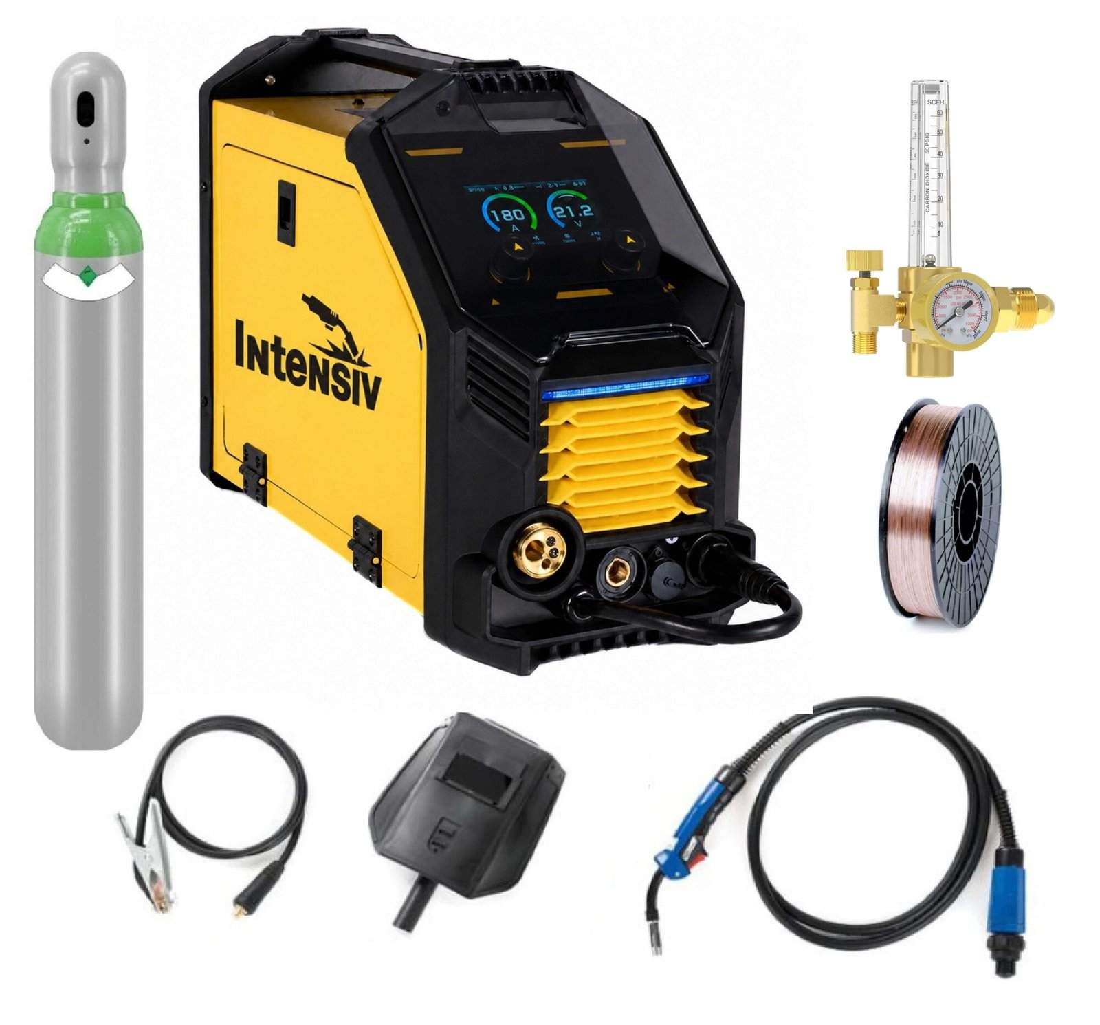 Pachet complet sudura MIG/MAG: MIG 200 ALU PRO Intensiv, 230 V, 200 A, Butelie corgon 8l (plina), rola otel 5kg - 0.8mm
