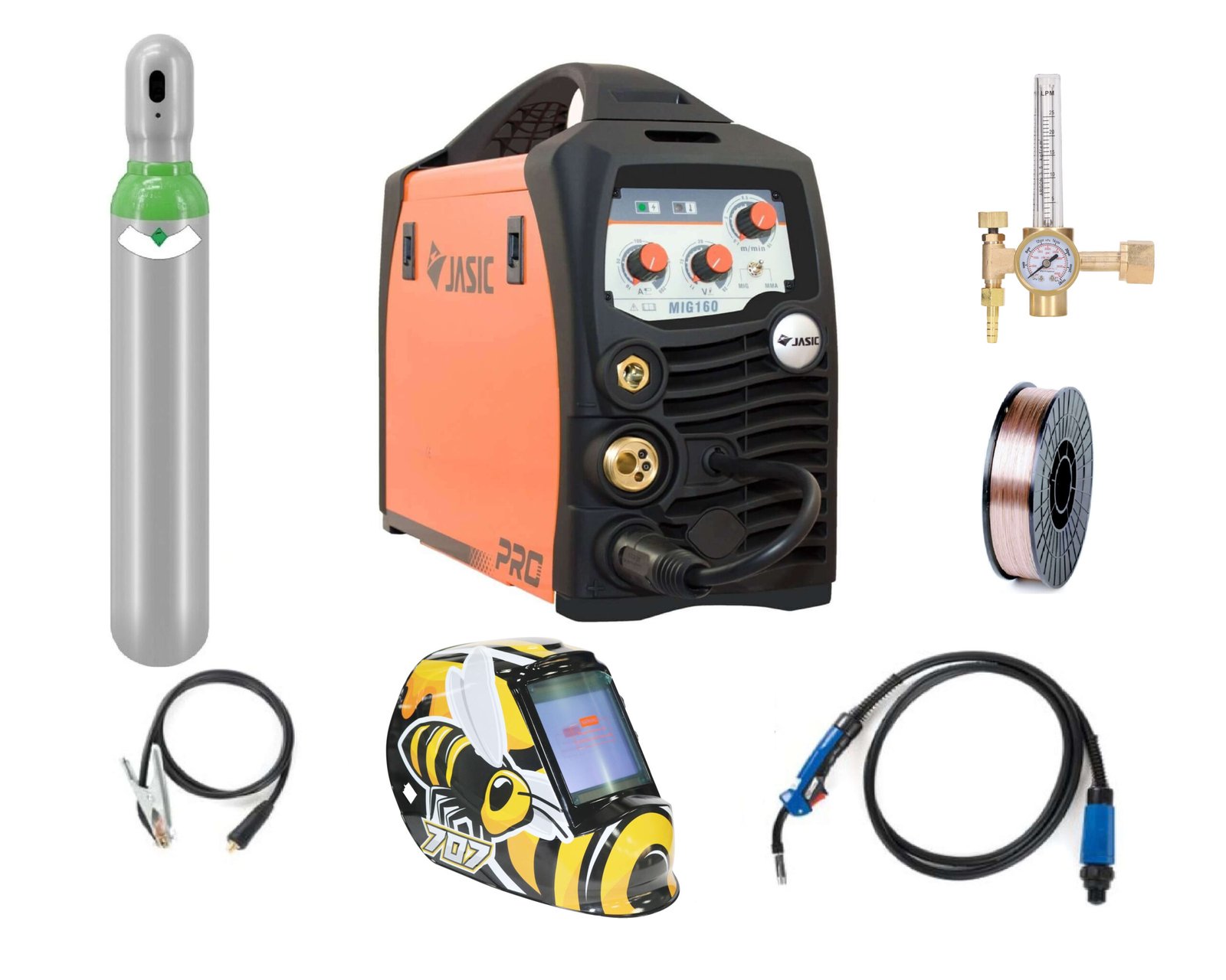Pachet complet sudura MIG/MAG: JASIC MIG 160 (N219), Butelie corgon 8l (plina), rola otel 5kg – 0.8mm