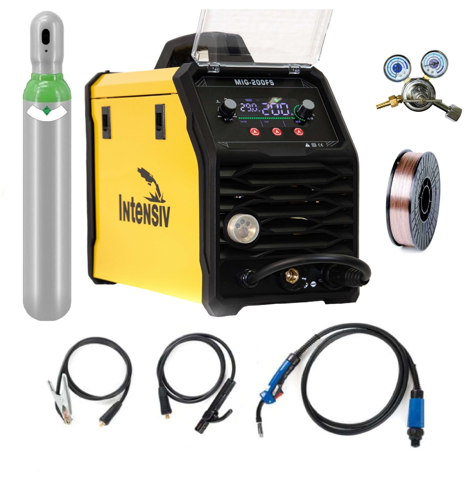 Pachet complet sudura MIG/MAG: MIG 200FS Intensiv, 230 V, 200 A, Butelie corgon 8l (plina), rola otel 5kg - 0.8mm