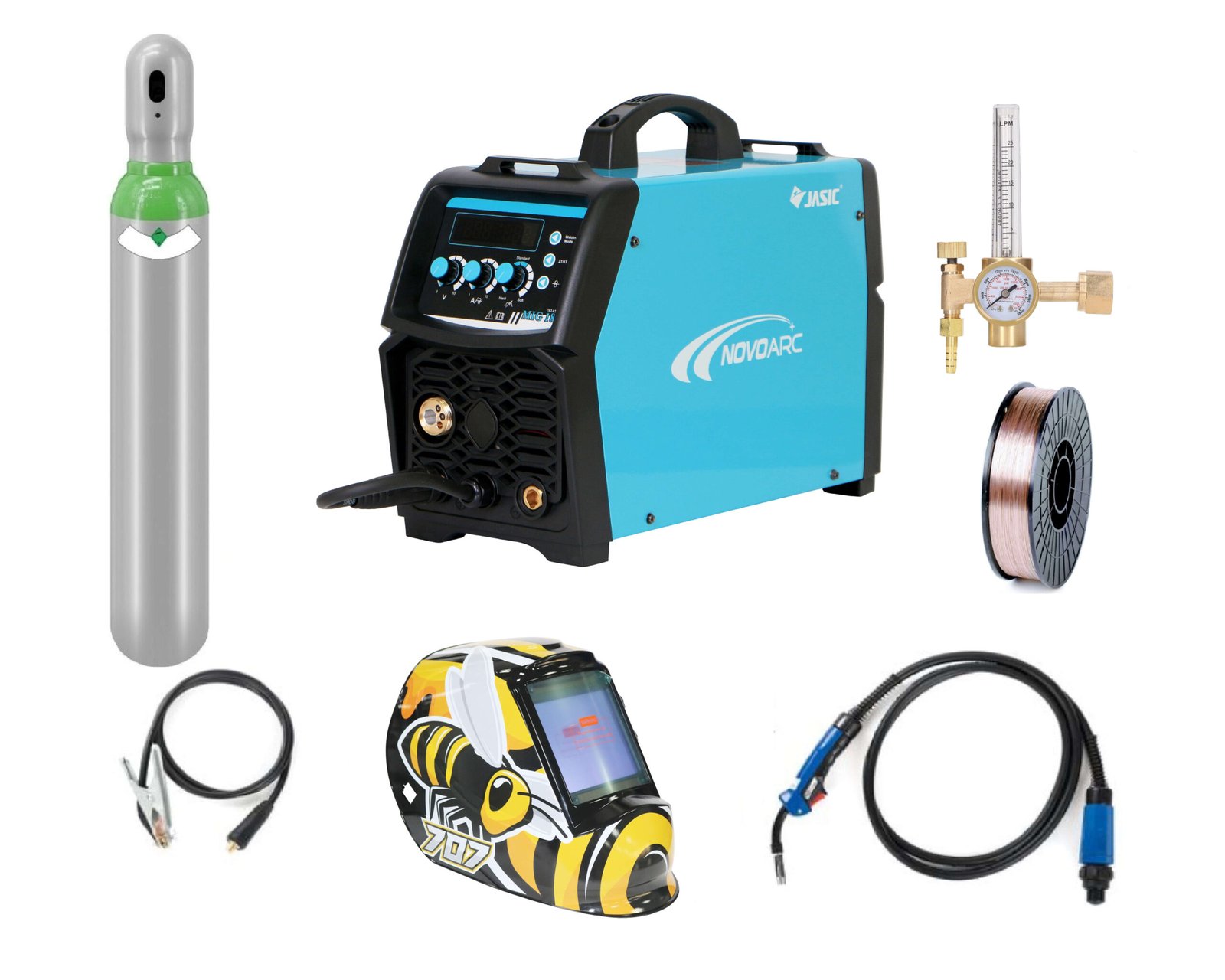 Pachet complet sudura MIG/MAG: NOVO MIG 180 JASIC, 230 V, 180 A, Butelie corgon 8l (plina), rola otel 5kg – 0.8mm