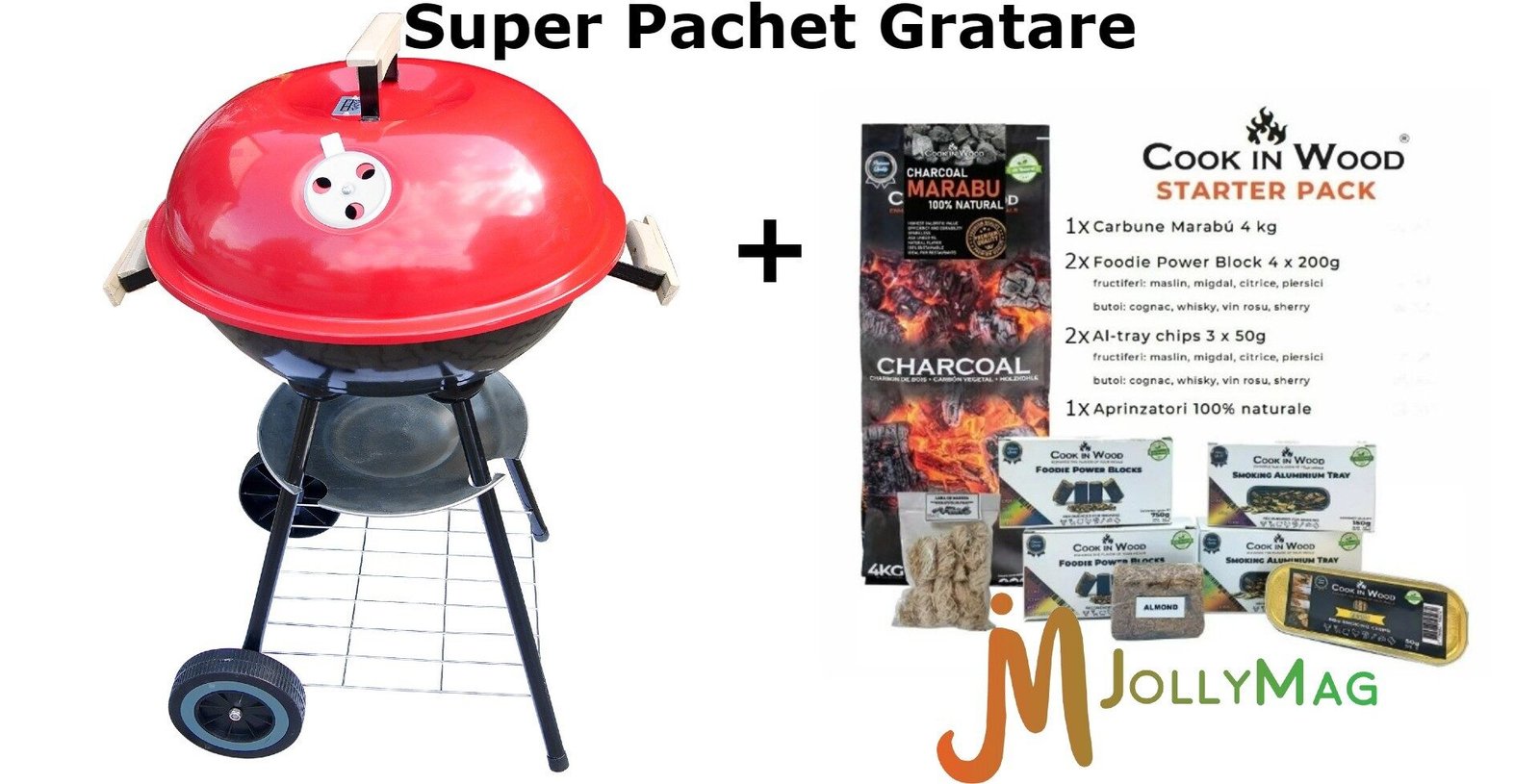 Pachet Starter afumare + Gratar gradina, grill rotund, cu roti, capac, 40×72 cm, Globus