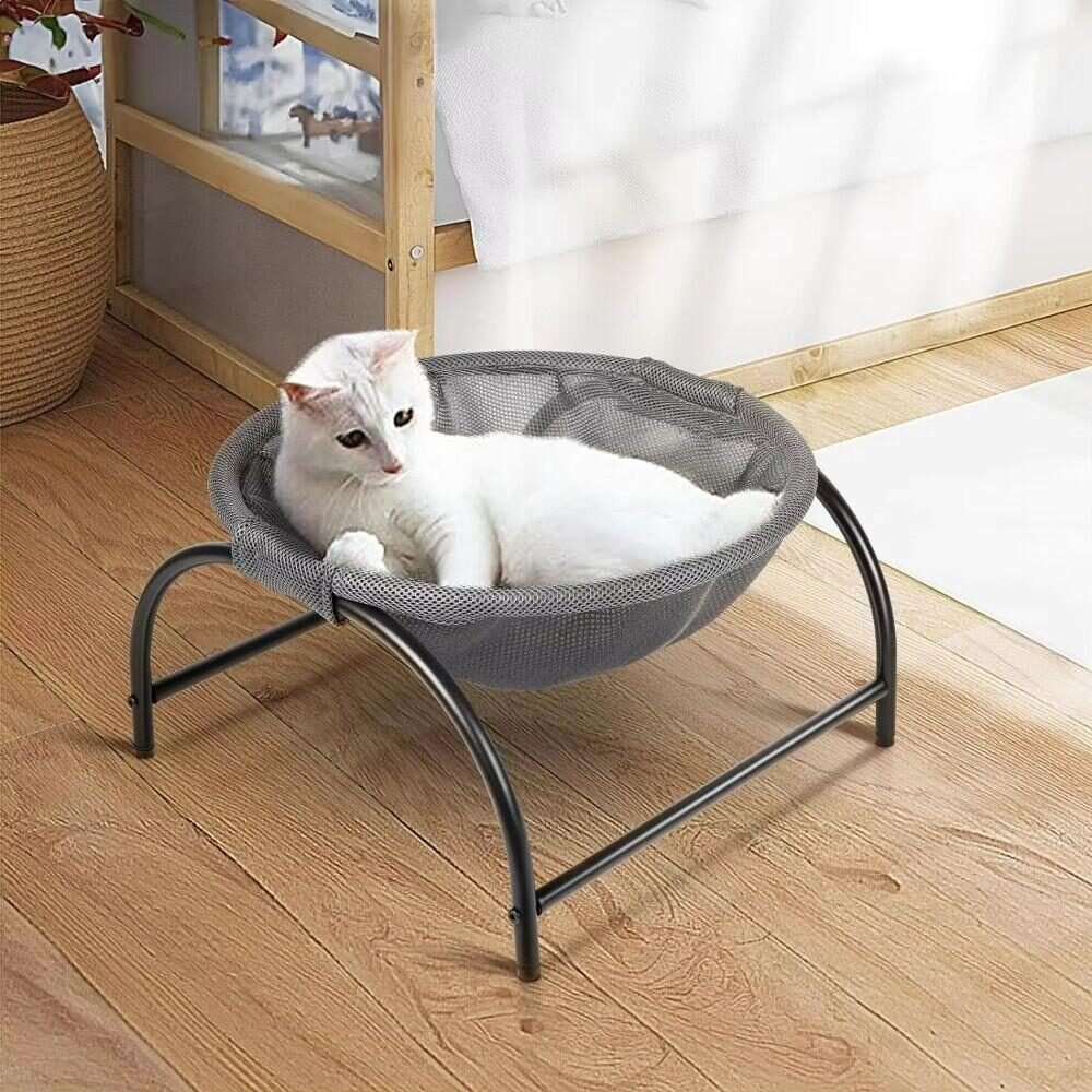 Pat de tip hamac pentru caini si pisici, cadru metalic negru si panza gri, dimensiune 45 x 42 x 23 cm