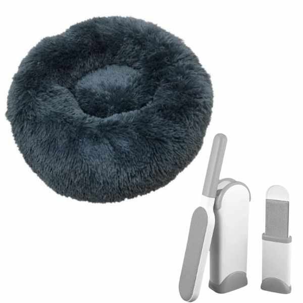 Pat Rotund Imblanit pentru Animale de Companie, Suprafata Antiaderenta, Calduros, Materiale Soft, 60 cm si 2 Perii pentru Indepartarea Scamelor si a Parului Animalelor