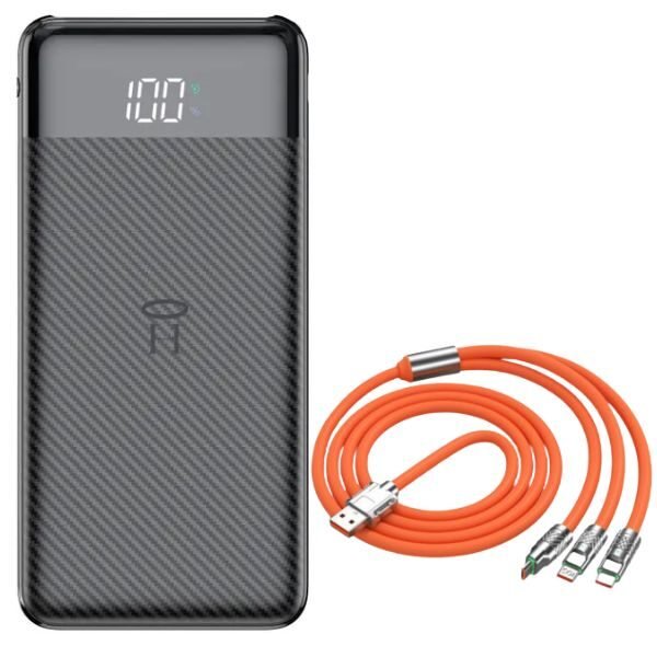 Powerbank Li-Po  cu Display LED, 10.000 mAh,  2 X USB, 1 X USB-C si Cablu de incarcare Fast Charge, 3 in 1, 120 W, 2 m