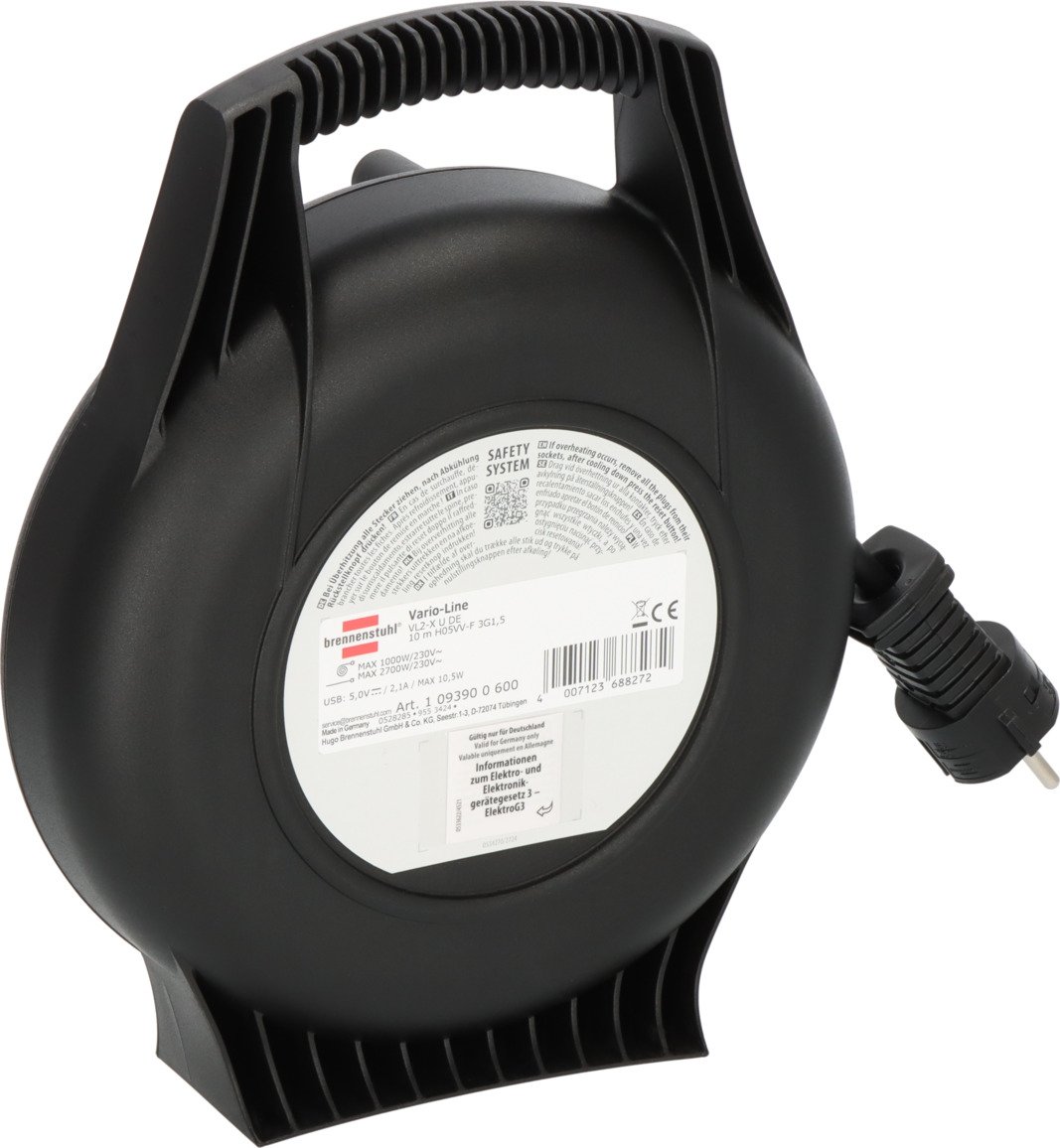 prelungitor cu tambur brennenstuhl vario line, 3 prize, 2 usb, 10m, h05vv-f 3g1,5 4 Prelungitor cu tambur Brennenstuhl Vario Line, 3 prize, 2 USB, 10m, H05VV-F 3G1,5 - imagine 4