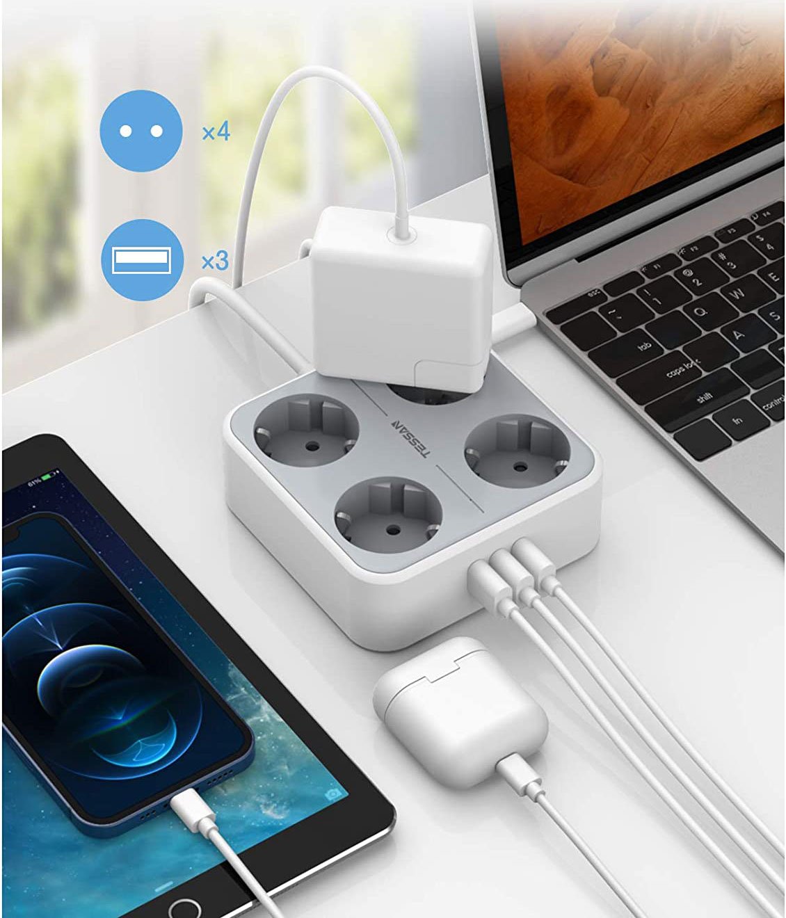 prelungitor tessan ts-302-c, 4 prize, 2 x usb-a, 1x usb-c, 3a, cablu 2m 4 Prelungitor Tessan TS-302-C, 4 prize, 2 X USB-A, 1X USB-C, 3A, cablu 2m - imagine 4