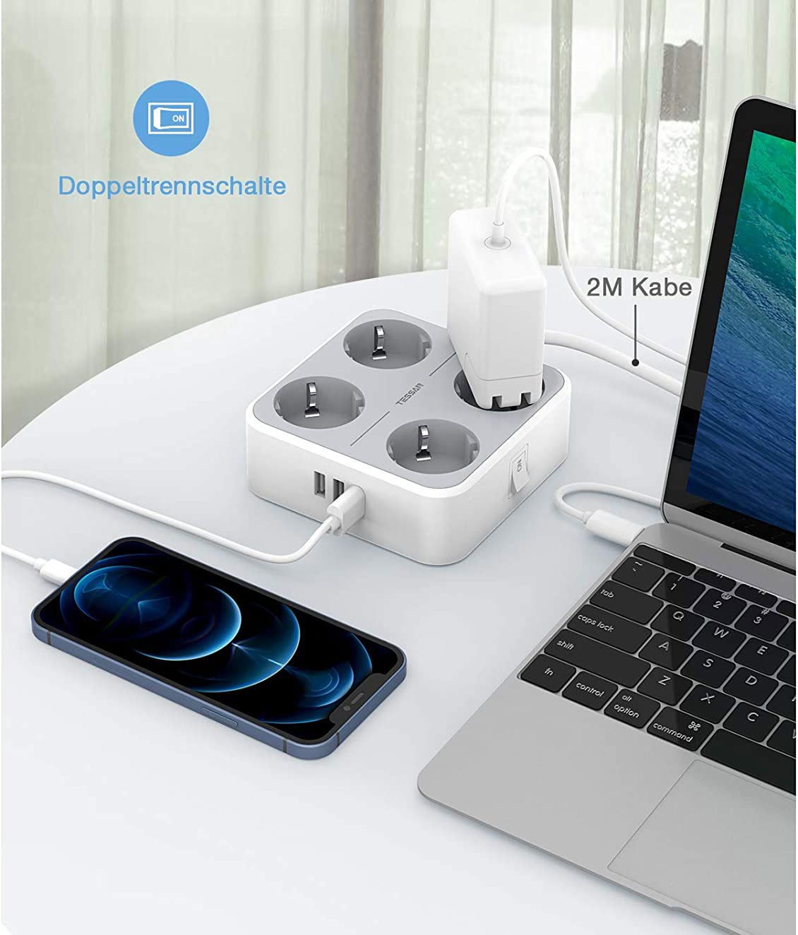 prelungitor tessan ts-302-c, 4 prize, 2 x usb-a, 1x usb-c, 3a, cablu 2m 3 Prelungitor Tessan TS-302-C, 4 prize, 2 X USB-A, 1X USB-C, 3A, cablu 2m - imagine 3