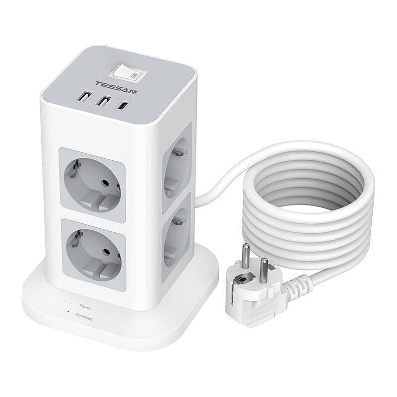 prelungitor tip turn tessan tps03-de-c, 8 prize, 3 usb, 1 usb-c, 3a, cablu 2m 1 Prelungitor tip Turn Tessan TPS03-DE-C, 8 prize, 3 USB, 1 USB-C, 3A, cablu 2m