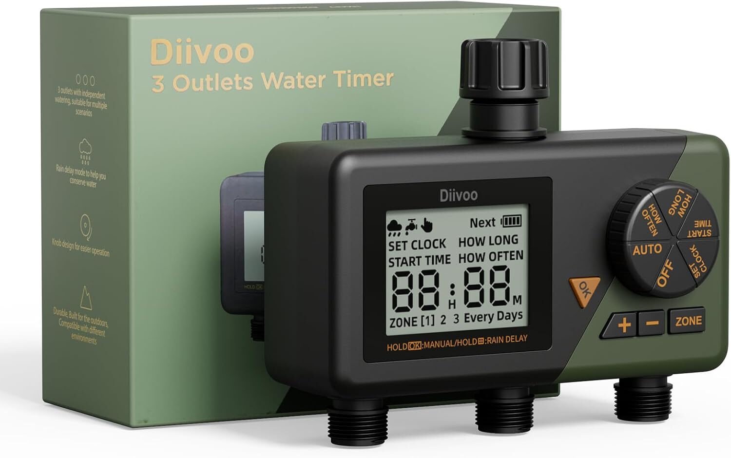Programator automat pentru irigare Diivoo WT10M-GN, 3 zone, IP54, functie Rain Delay