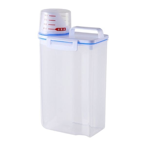 Recipient etans din plastic PP cu inchidere ermetica, fara BPA, maner si capac gradat, pentru depozitare alimente uscate sau mancare pentru animale de companie, 2L
