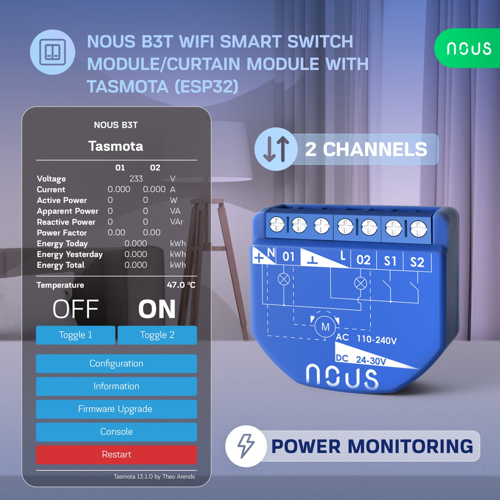 releu wireless nous b3t pm, 16a, tasmota, matter, monitorizare energie,modul cortina - 2 canal, esp32 2 Releu wireless Nous B3T PM, 16A, Tasmota, Matter, Monitorizare energie,Modul Cortina - 2 canal, ESP32 - imagine 2