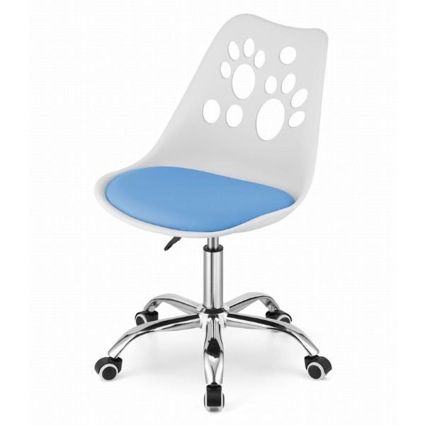 Scaun de Birou, Pivotant si Rotativ, cu 5 Roti din Cauciuc, Perna din Piele Ecologica si Sezut din PP, Cadru Metalic, 50 x 57 x 94 cm, Alb cu Albastru