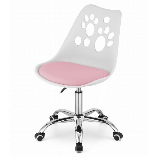 Scaun de Birou, Pivotant si Rotativ, cu 5 Roti din Cauciuc, Perna din Piele Ecologica si Sezut din PP, Cadru Metalic, 50 x 57 x 94 cm, Alb cu Roz