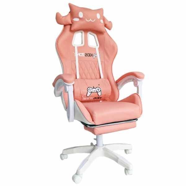 Scaun de gaming roz, pentru fetite, cu perna lombara si suport picioare, 64×116-123 cm