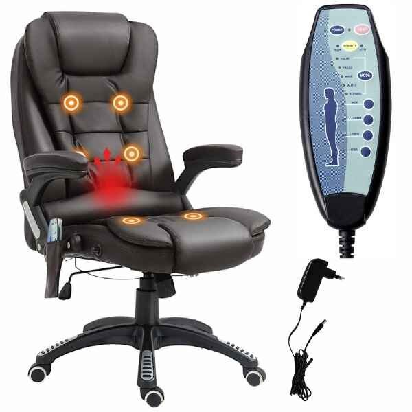 Scaun Rotativ Mercaton, de Birou cu Functie Masaj in 6 Puncte si Incalzire Lombara, Piele Ecologica si PVC, Maxim 130 Kg, 62x68x111-121 cm, Maro