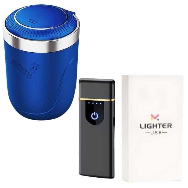 Scrumiera Mercaton Albastra cu Iluminare Led, Interior din Otel Inoxidabil si Bricheta Neagra, Electrica Antivant in Cutie, Incarcare USB, Senzor Digital, Indicator LED