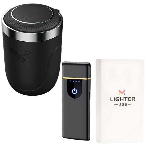 Scrumiera Mercaton Neagra cu Iluminare Led, Interior din Otel Inoxidabil si Bricheta Neagra, Electrica Antivant in Cutie, Incarcare USB, Senzor Digital, Indicator LED