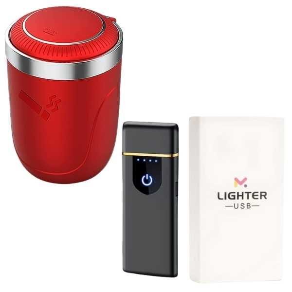 Scrumiera Mercaton Rosie cu Iluminare Led, Interior din Otel Inoxidabil si Bricheta Neagra, Electrica Antivant in Cutie, Incarcare USB, Senzor Digital, Indicator LED