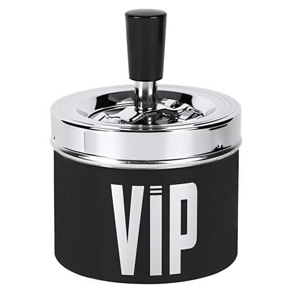 Scrumiera Rotunda Mercaton, Curatare prin Apasare Buton, Metalica, Model VIP, Negru cu Argintiu, Ø9 x 14 cm