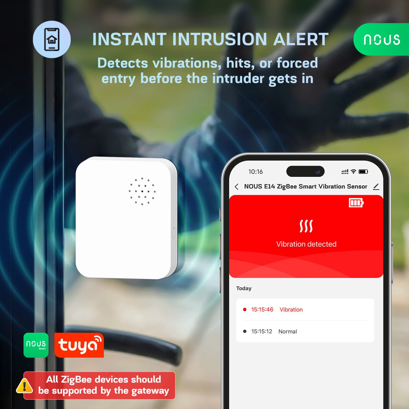 Senzor Vibratii Smart NOUS E14 Zigbee 3.0, alarma anti-efractie cu sirena puternica, notificari aplicatie, compatibil Alexa Google Assistant - imagine 2