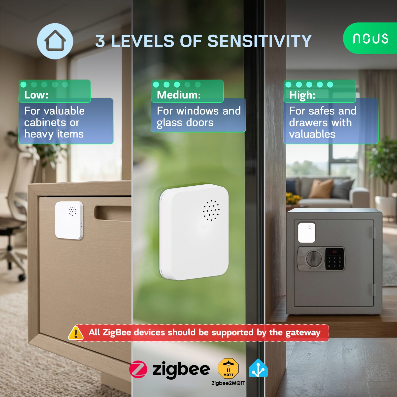 Senzor Vibratii Smart NOUS E14 Zigbee 3.0, alarma anti-efractie cu sirena puternica, notificari aplicatie, compatibil Alexa Google Assistant - imagine 4