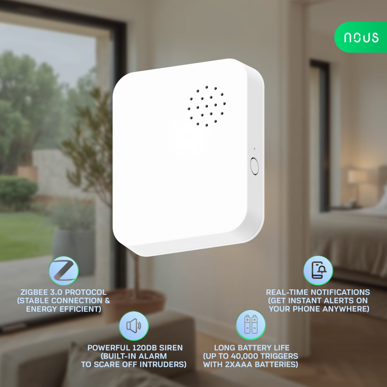 Senzor Vibratii Smart NOUS E14 Zigbee 3.0, alarma anti-efractie cu sirena puternica, notificari aplicatie, compatibil Alexa Google Assistant - imagine 3