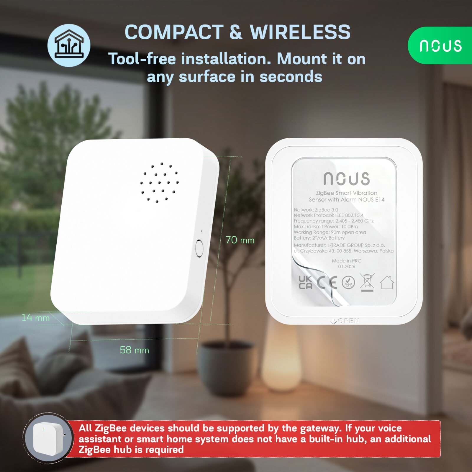 Senzor Vibratii Smart NOUS E14 Zigbee 3.0, alarma anti-efractie cu sirena puternica, notificari aplicatie, compatibil Alexa Google Assistant - imagine 5