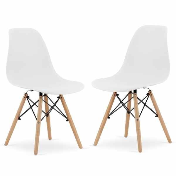 Set 2 Scaune Acerenza, Stil Scandinav cu Picioare din Lemn de Fag, Cadru Metalic, Sezut PP, Maxim 100 Kg, 40 x 50 x 77 cm, Alb