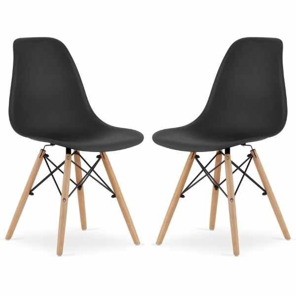 Set 2 Scaune Acerenza, Stil Scandinav cu Picioare din Lemn de Fag, Cadru Metalic, Sezut PP, Maxim 100 Kg, 40 x 50 x 77 cm, Negru