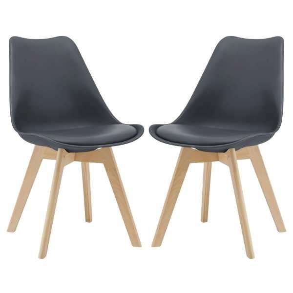 Set 2 Scaune Mercaton Grosseto, Stil Scandinav cu Picioare din Lemn, Sezut din PP si Perna din Piele Ecologica, Maxim 120 Kg, 48 x 41 x 83 cm, Gri Inchis